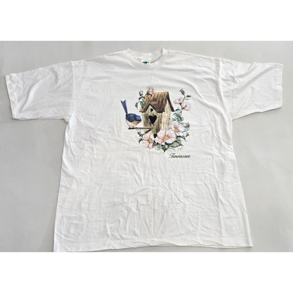Vintage 90s Y2K Carolyn Shores Wright XXL Floral Birds White T Shirt Tennessee